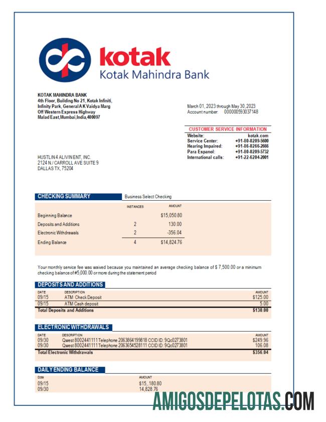 Imprimível Kotak Mahindra Bank Enterprise Statement Word And PDF modelo